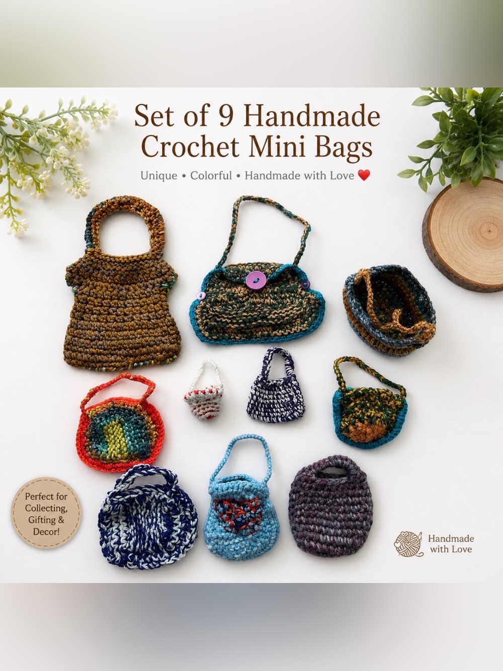 Set of 9 Handmade Crochet Mini Bags Doll Accessories Gift Collectible Decor
